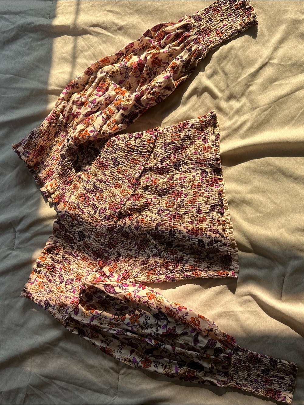 Steve Madden Cream Floral Smocked Women's Top with Purple & Orange Accents